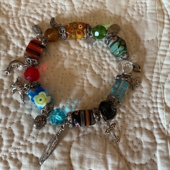 Italian Millefiori Glass beads/ silver tone metal charms stretch bracelet - Picture 5 of 6
